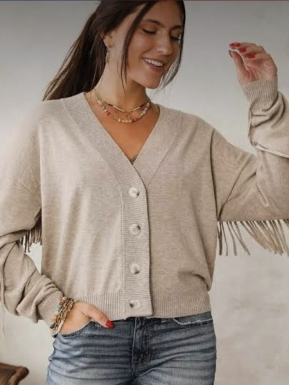BiBi Beige Fringe Button-Front V-Neck Sweater Cardigan